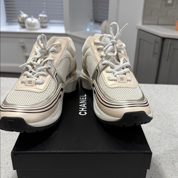 Authentic!! CHANEL Women's Beige and Metallic Sneakers - Picture 4 of 6
